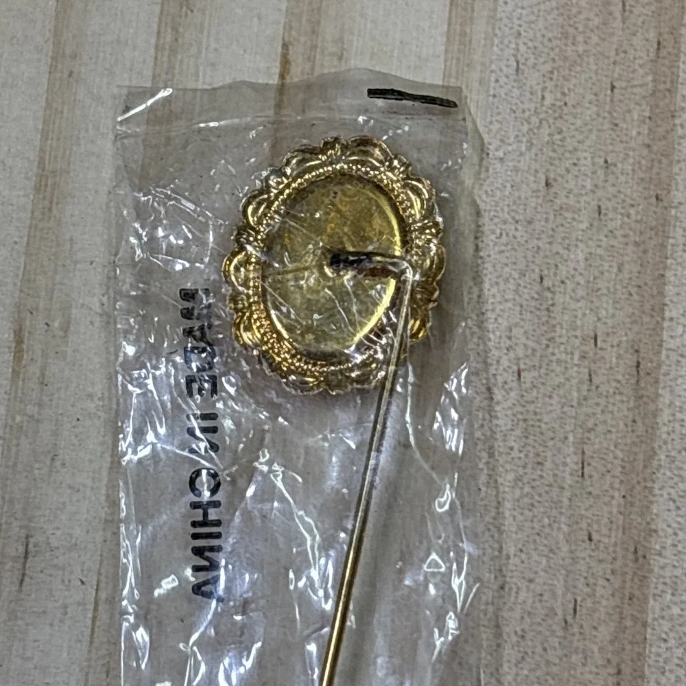 Vintage Gold Tone Cameo Stick Pin Red White Resin Lady Portrait Brooch NOS